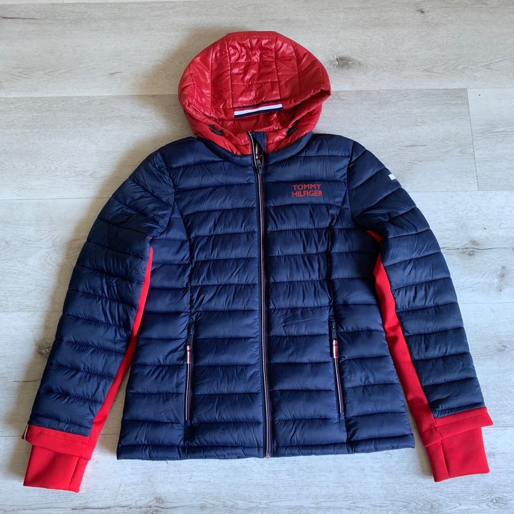 Tommy Hilfiger Womens Navy Red Packable Lightweight Puffer Jacket Hooded Medium